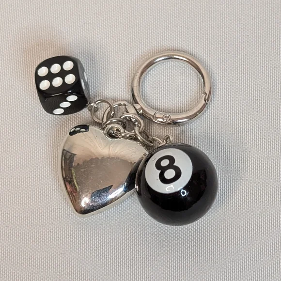 Silver And Black 8 Ball Heart And Dice Keychain Bag Charm Accessory - Picture 2 of 2